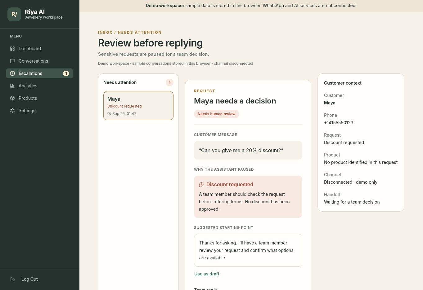Riya AI demo showing a paused sample request in the review workspace