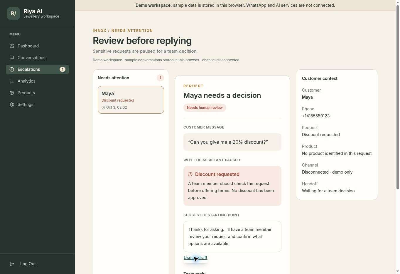 Suggested starting point copied into the staff reply composer before saving