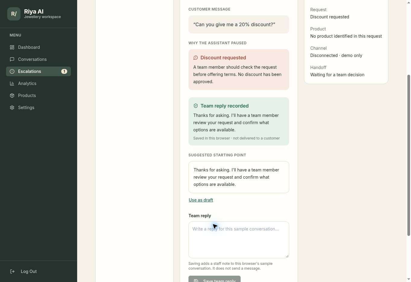 Recorded staff reply explicitly labelled saved in the browser and not delivered to a customer