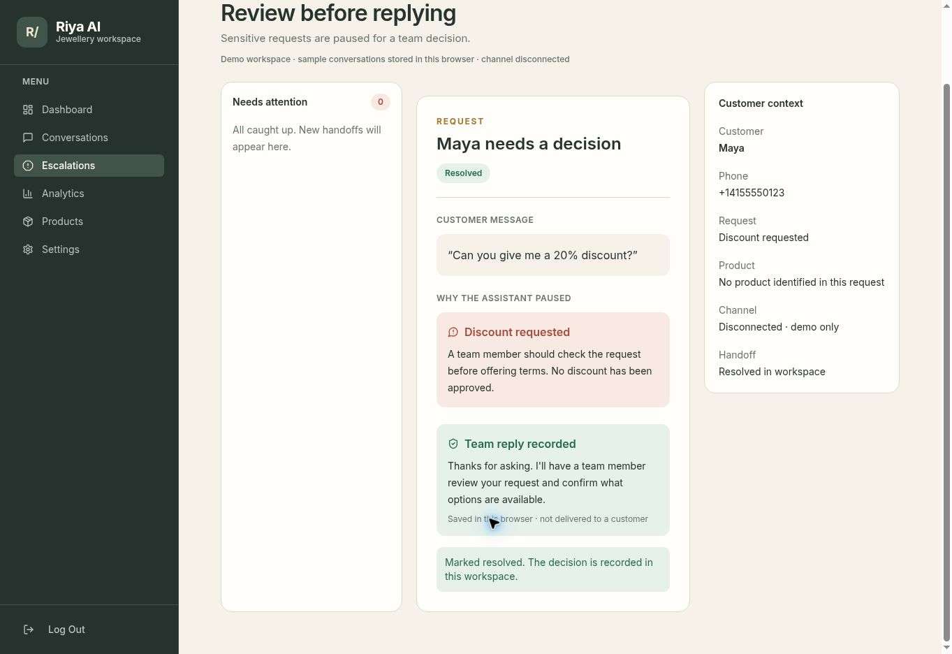 Sample request marked resolved with the attention queue cleared